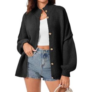 imageCardigan Sweater for Women Oversized Button Down Lantern Sleeve Open Front Cardigan Knit OutwearBlack