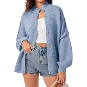 imageCardigan Sweater for Women Oversized Button Down Lantern Sleeve Open Front Cardigan Knit OutwearBlue