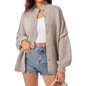 imageCardigan Sweater for Women Oversized Button Down Lantern Sleeve Open Front Cardigan Knit OutwearKhaki