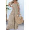 imageCHARTOU Casual Smocked Jumpsuit Women Short Sleeve Wide Leg Jumpsuit Square Neck Loose Overalls Flowy Long RomperApricot