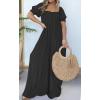 imageCHARTOU Casual Smocked Jumpsuit Women Short Sleeve Wide Leg Jumpsuit Square Neck Loose Overalls Flowy Long RomperBlack