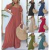imageCHARTOU Casual Smocked Jumpsuit Women Short Sleeve Wide Leg Jumpsuit Square Neck Loose Overalls Flowy Long RomperBlue