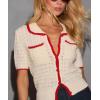 imageCHARTOU Summer Knit Tops for Women Contrast Color Short Sleeve Button Down Blouse Crop ShirtBeige