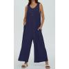 imageCHARTOU Summer Striped Jumpsuit for Women Wide Leg Jumpsuit Sleeveless Long Romper Button Down Baggy Overalls JumperNavy Blue