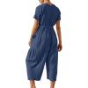 imageCHARTOU Women Casual Linen Short Sleeve Cropped Jumpsuit with Pockets Wide Leg Elastic Waist Summer RomperBlue