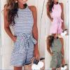 imageCHARTOU Women Casual Sleeveless Striped Jumpsuit Halter Neck Short Romper Pants Wide Leg Overalls Tie with PocketBlack