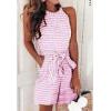 imageCHARTOU Women Casual Sleeveless Striped Jumpsuit Halter Neck Short Romper Pants Wide Leg Overalls Tie with PocketPink