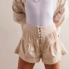 imageCHARTOU Women Cute Ruffle Hem Denim Short High Waist Wide Leg Jean Shorts Flare Stretchy Short with PocketsApricot