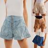 imageCHARTOU Women Cute Ruffle Hem Denim Short High Waist Wide Leg Jean Shorts Flare Stretchy Short with PocketsDark Blue