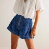 imageCHARTOU Women Cute Ruffle Hem Denim Short High Waist Wide Leg Jean Shorts Flare Stretchy Short with PocketsDark Blue