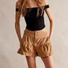 imageCHARTOU Women Cute Ruffle Hem Denim Short High Waist Wide Leg Jean Shorts Flare Stretchy Short with PocketsLight Brown