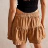 imageCHARTOU Women Cute Ruffle Hem Denim Short High Waist Wide Leg Jean Shorts Flare Stretchy Short with PocketsLight Brown