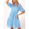 imageCHARTOU Women Elegant Lace Lined Short Shirt Dress Puff Sleeve Cut Out Button Down Mini DressBlue