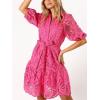 imageCHARTOU Women Elegant Lace Lined Short Shirt Dress Puff Sleeve Cut Out Button Down Mini DressRose