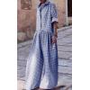 imageCHARTOU Women Long Sleeve Plaid Jumpsuit Casual Button Up Shirt Pleated Wide Leg Long Pants Overalls RomperBlue