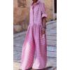 imageCHARTOU Women Long Sleeve Plaid Jumpsuit Casual Button Up Shirt Pleated Wide Leg Long Pants Overalls RomperPink