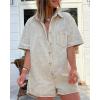 imageCHARTOU Women Oversized Button Front Denim Romper Short Sleeve Utility Jean Overall Shorts with PocketsApricot
