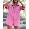 imageCHARTOU Women Oversized Button Front Denim Romper Short Sleeve Utility Jean Overall Shorts with PocketsPink