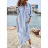 imageCHARTOU Women Striped Shirt Dress Cotton Linen Roll Up Sleeve Loose Beach Vacation Maxi DressBlue White
