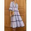 imageCHARTOU Women Summer Boho RIC RAC Striped Tiered Maxi Dress 34 Sleeve Ruffle Ruched Swing Beach Shirt DressBlue