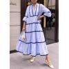 imageCHARTOU Women Summer Boho RIC RAC Striped Tiered Maxi Dress 34 Sleeve Ruffle Ruched Swing Beach Shirt DressBlue