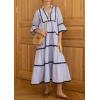 imageCHARTOU Women Summer Boho RIC RAC Striped Tiered Maxi Dress 34 Sleeve Ruffle Ruched Swing Beach Shirt DressBlue