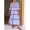 imageCHARTOU Women Summer Boho RIC RAC Striped Tiered Maxi Dress 34 Sleeve Ruffle Ruched Swing Beach Shirt DressRed