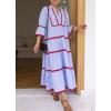 imageCHARTOU Women Summer Boho RIC RAC Striped Tiered Maxi Dress 34 Sleeve Ruffle Ruched Swing Beach Shirt DressRed