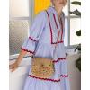 imageCHARTOU Women Summer Boho RIC RAC Striped Tiered Maxi Dress 34 Sleeve Ruffle Ruched Swing Beach Shirt DressRed