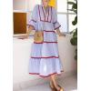 imageCHARTOU Women Summer Boho RIC RAC Striped Tiered Maxi Dress 34 Sleeve Ruffle Ruched Swing Beach Shirt DressRed