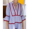 imageCHARTOU Women Summer Boho RIC RAC Striped Tiered Maxi Dress 34 Sleeve Ruffle Ruched Swing Beach Shirt DressRed