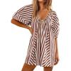 imageCHARTOU Women Summer Flowy Short Rompers Oversize Striped Puff Jumpsuit Short Sleeve Dress Romper OverallsCoffee