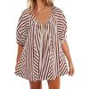 imageCHARTOU Women Summer Flowy Short Rompers Oversize Striped Puff Jumpsuit Short Sleeve Dress Romper OverallsCoffee