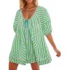 imageCHARTOU Women Summer Flowy Short Rompers Oversize Striped Puff Jumpsuit Short Sleeve Dress Romper OverallsGreen