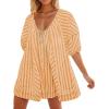 imageCHARTOU Women Summer Flowy Short Rompers Oversize Striped Puff Jumpsuit Short Sleeve Dress Romper OverallsKhaki