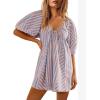imageCHARTOU Women Summer Flowy Short Rompers Oversize Striped Puff Jumpsuit Short Sleeve Dress Romper OverallsLight Pink