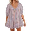 imageCHARTOU Women Summer Flowy Short Rompers Oversize Striped Puff Jumpsuit Short Sleeve Dress Romper OverallsLight Pink