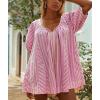 imageCHARTOU Women Summer Flowy Short Rompers Oversize Striped Puff Jumpsuit Short Sleeve Dress Romper OverallsPink