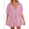 imageCHARTOU Women Summer Flowy Short Rompers Oversize Striped Puff Jumpsuit Short Sleeve Dress Romper OverallsRed