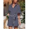 imageCHARTOU Women Summer Stripes Romper Jumpsuit Short Sleeve Button Up Shirt Elastic Waist Overall with PocketsBlue