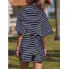 imageCHARTOU Women Summer Stripes Romper Jumpsuit Short Sleeve Button Up Shirt Elastic Waist Overall with PocketsBlue