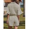 imageCHARTOU Women Summer Stripes Romper Jumpsuit Short Sleeve Button Up Shirt Elastic Waist Overall with PocketsWhite