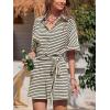 imageCHARTOU Women Summer Stripes Romper Jumpsuit Short Sleeve Button Up Shirt Elastic Waist Overall with PocketsWhite