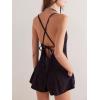 imageCHARTOU Womens Open Back Lace Up Flare Leg Denim Romper Jean Shorts Overalls with PocketsBlack