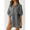 imageCHARTOU Womens Oversized Button Down Shirt Boyfriend Style Contrast Plaid Blouse TopsBlack