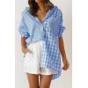 imageCHARTOU Womens Oversized Button Down Shirt Boyfriend Style Contrast Plaid Blouse TopsBlue