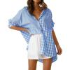 imageCHARTOU Womens Oversized Button Down Shirt Boyfriend Style Contrast Plaid Blouse TopsBlue