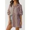 imageCHARTOU Womens Oversized Button Down Shirt Boyfriend Style Contrast Plaid Blouse TopsCoffee