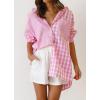 imageCHARTOU Womens Oversized Button Down Shirt Boyfriend Style Contrast Plaid Blouse TopsPink