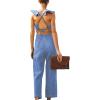imageCHARTOU Womens Sexy Backless Ruffle Tie Back Denim Jean Jumpsuit Wide Leg RomperBlue